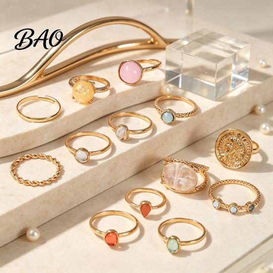 Birthday Gifts for Her 13Pcs Gold Plated Ring Set with Colorful Gemstone Embellishments, Fashion Stackable Rings Women Women, Trendy Jewelry
