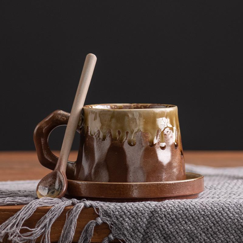 Fashion light luxury style kiln-changed ceramic coffee cup Dehua traditional handmade mug with spoon home gift creation