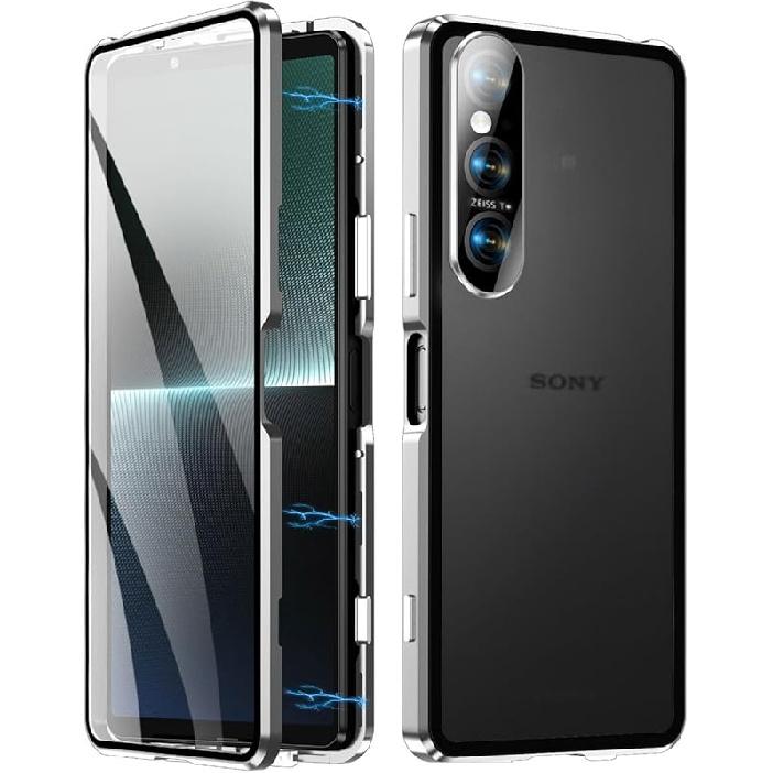 Чехол QUIETIP, совместимый с Sony Xperia 1 VI 5G, Магнитный корпус, Металлическая рамка, Двустороннее прозрачное закаленное стекло, Черный 6.5 Inches серебряный