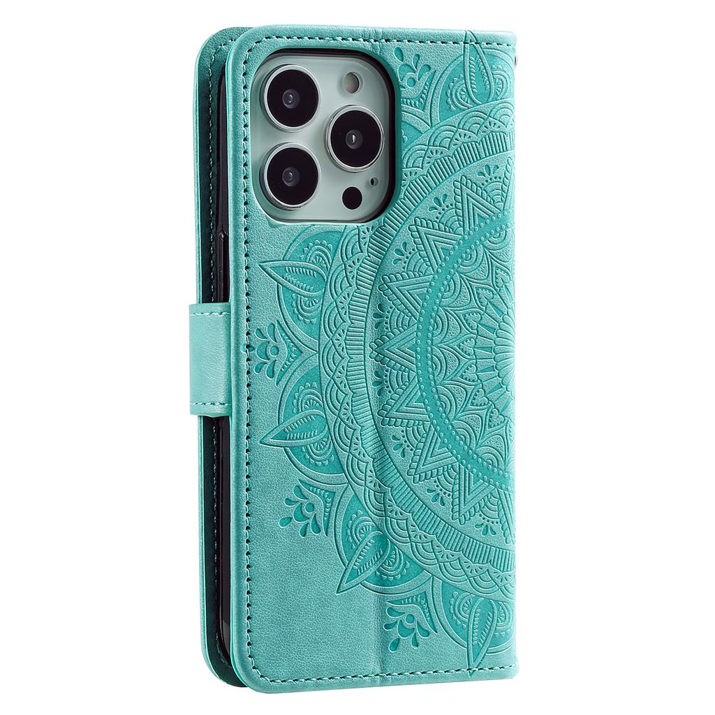 For iPhone 15 Pro Flip Phone Case PU Leather Mandala Flower Imprint Stand Wallet Cover with Strap