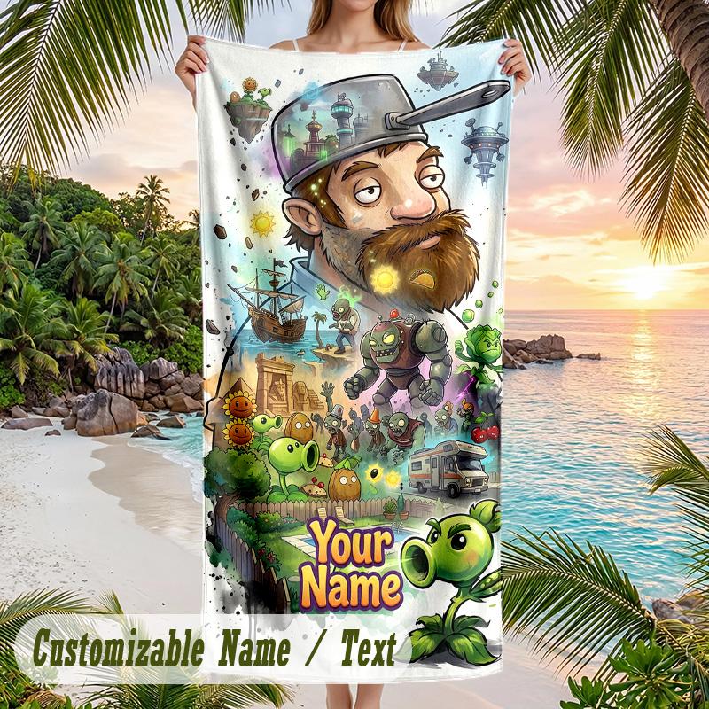 Plants Vs. Zombies Beach Towel, Personalized Custom Text, Quick Dry Soft Large Towel For Swimming Pool Travel