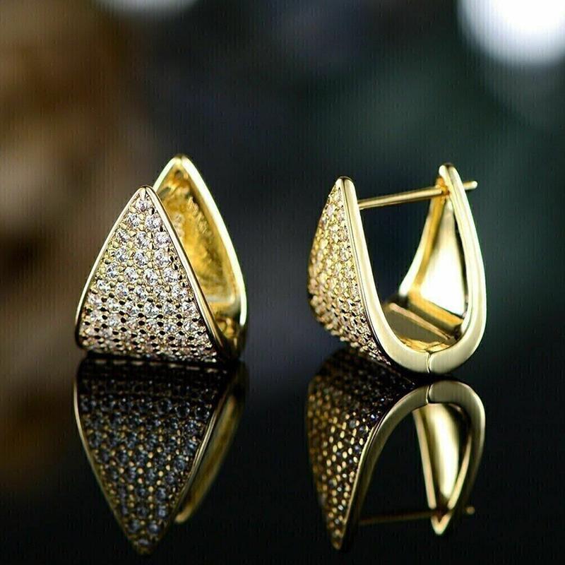 Gold Plated Full Pave CZ Triangle Huggie Earrings, Geometric Sparkling Hoop Earrings for Women