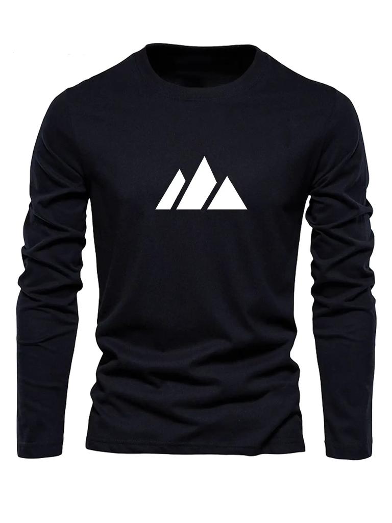 Men's Loose and Comfortable Casual Sports Mountain Pattern Printed Round Neck Long Sleeved T-shirt Versatile