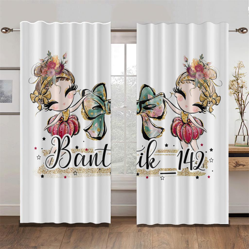 Lovely Parisian Dance Girl Princess Elf Pink Bow Light Filtering Drapes Window Curtains for Living Room Bedroom Decor 2 Pieces