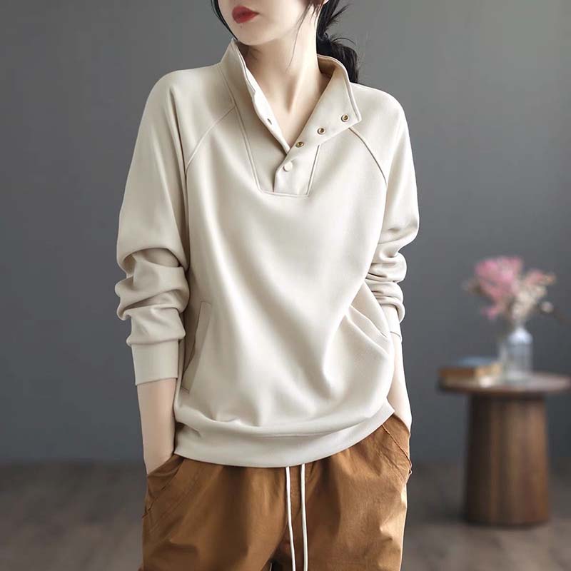 Sweatshirt for Women Autumn Winter Thickened Warm Stretchy Long Sleeve Oversize Solid Color Half-high Collar Tops