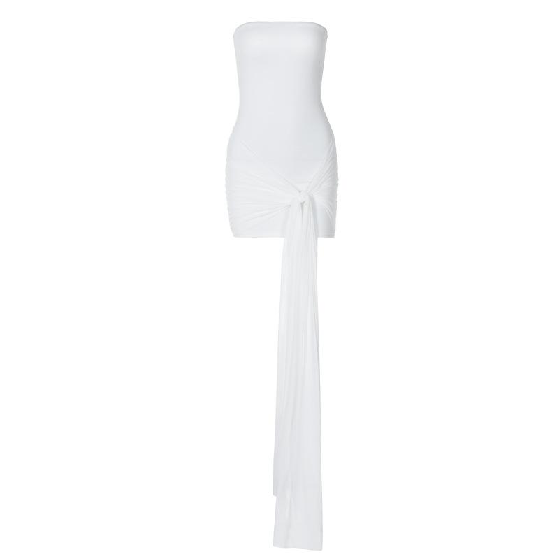 Women's Spring Solid Color Wrap Corset Splicing Mesh Girdle Pleated Short Dresses