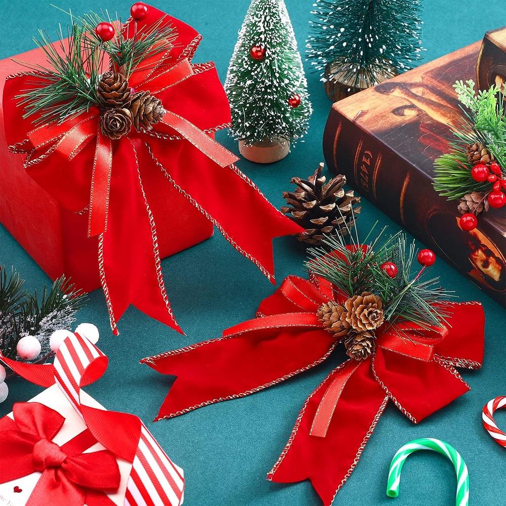 3 Pcs Christmas Bows with Pine Cones Needles Xmas Velvet Bow Red Ribbon Christmas Tree Wreath Decoration Indoor Crafts DIY Decor
