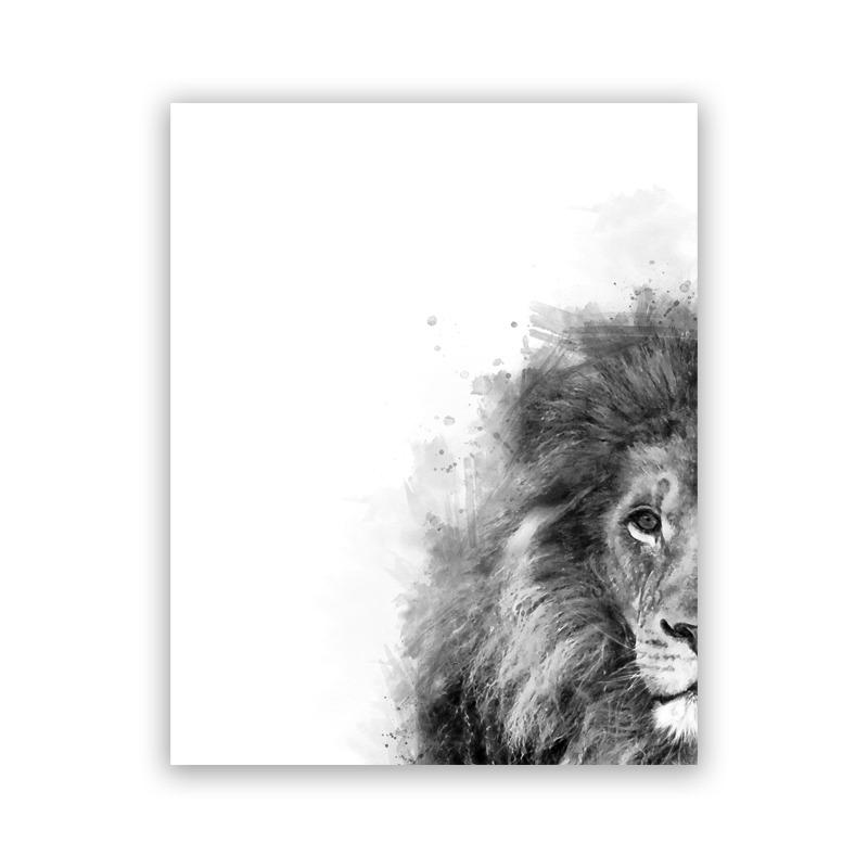 Lion and Lioness Animal Canvas Print Black White Abstract Watercolor Painting Poster Nursery Wall Art Pictures Living Room Decor