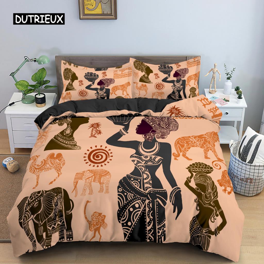 Ancient Egypt Duvet Cover Set Egyptian Symbol Bedding Set Vintage Pharaoh Pyramid Boho Tribal Polyester Quilt Cover 2/3pcs Queen