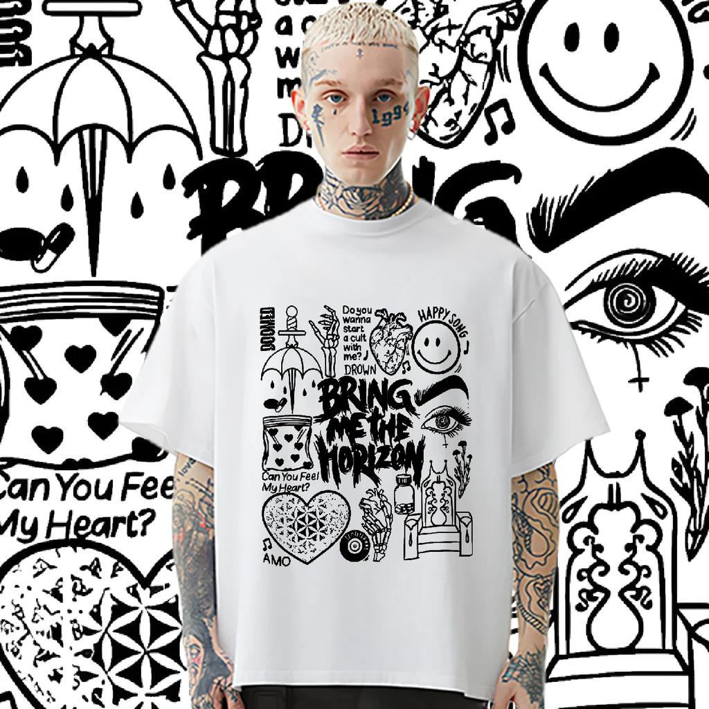 Smil Graffit O-Neck Oversize Loose Tee Y2k For Men Tees Graphic Hippie T-shirt Casual Style Clothes Slight Stretch Tops