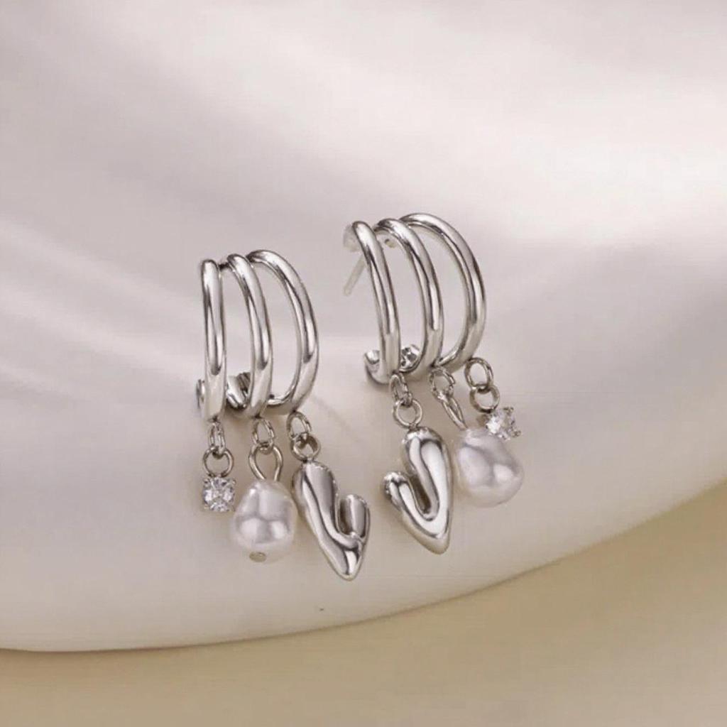 Stainless Steel Pearl Heart Earrings - Luxury Multi-layer Claw Studs for Women