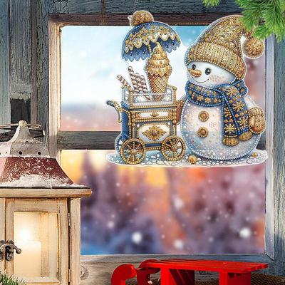 5D Rhinestone Painting Ornaments Snowman Christmas Snowman Themed Gem Paint Pendant With Chain Christmas Snowman Gem Paint