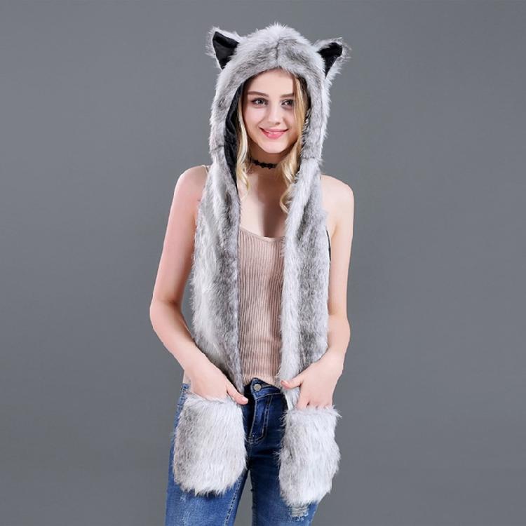 Plush Animal Ear Hat for Adult Unisex Earflap Gloves Scarf All In One Warm Trapper Hat Outdoor Activity Cold Weather Hat