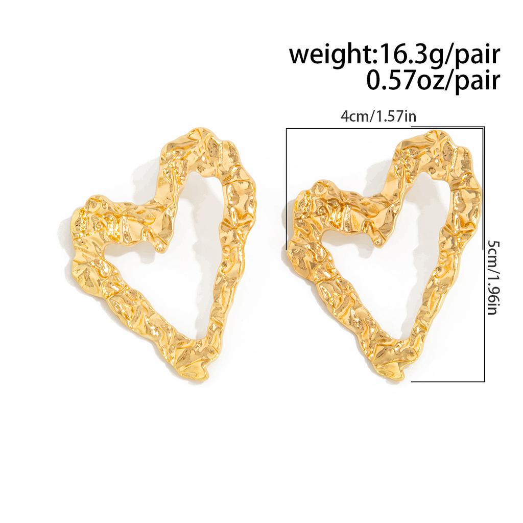 Salircon Exquisite Gold Color Heart Stud Earrings Women 2026 Trendy Irregular Wrinkled Geometric Hollowout Metal Earring Jewelry