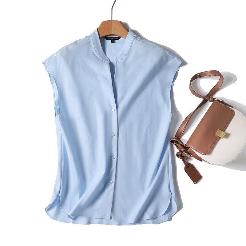 

MD Women clothes New Minimalist Old Money Style Elegant Commuter Style Linen V-neck Sleeveless Shirts Top 05162543400 Blue L