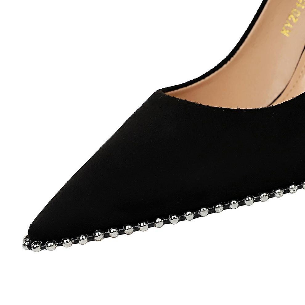 Fashion 2025 New Summer Fashion Women 8cm Or 10.5cm Thin High Heels Pumps Metal Black Pumps Studded Flock Pumps Ladies Valentine Shoes