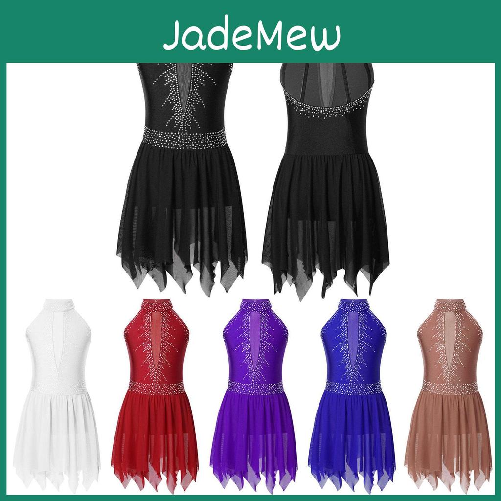 Girls Halter Rhinestones Kids Sleeveless Neck Skating Leotard Dress Lyrical Modern Dance Costume