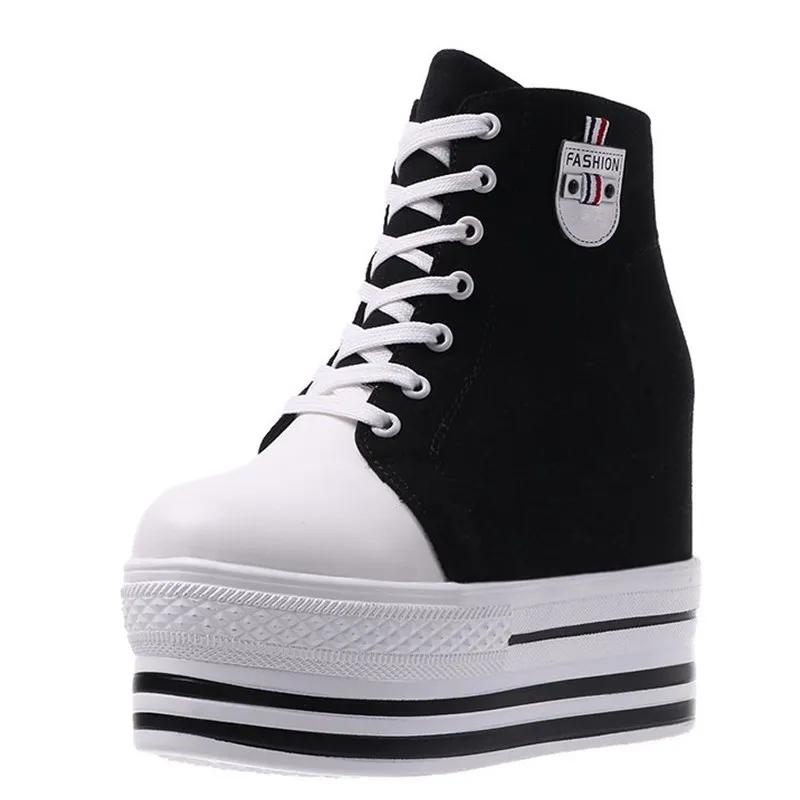 Fashion 2025 Autumn Canvas Vulcanize Platform Sneakes Women Shoes Black Sneakers Chunky Heel White Women Fashion Casual Shoes 11cm