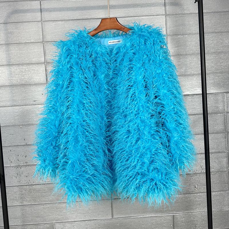 Korean Style Women's Tan Faux Lamb Wool Mid-Length Coat