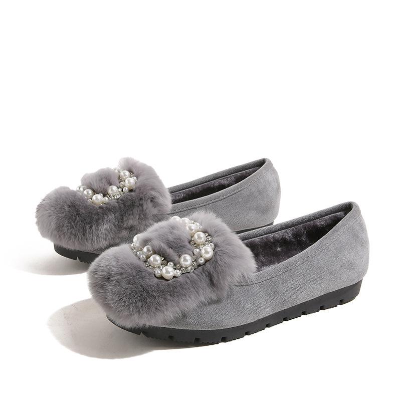 T23 autumn and winter low-top Doudou shoes real rabbit fur plush shoes shallow flat shoes cotton shoes women's large size