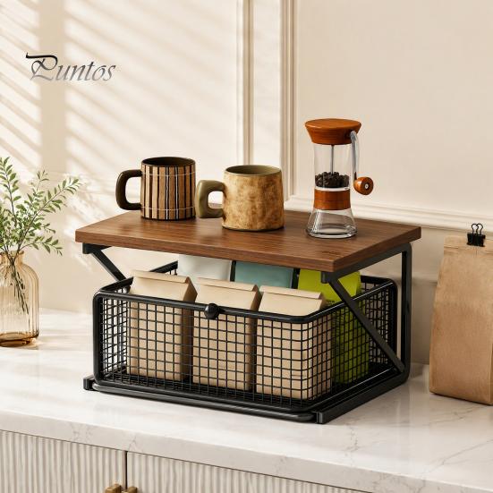 Coffee Pods Holder Station Organizer with Drawer, Tiered Bar Organizer, Wooden Top Shelf, Countertop Storage Rack Wire Mesh Drawers for Tea