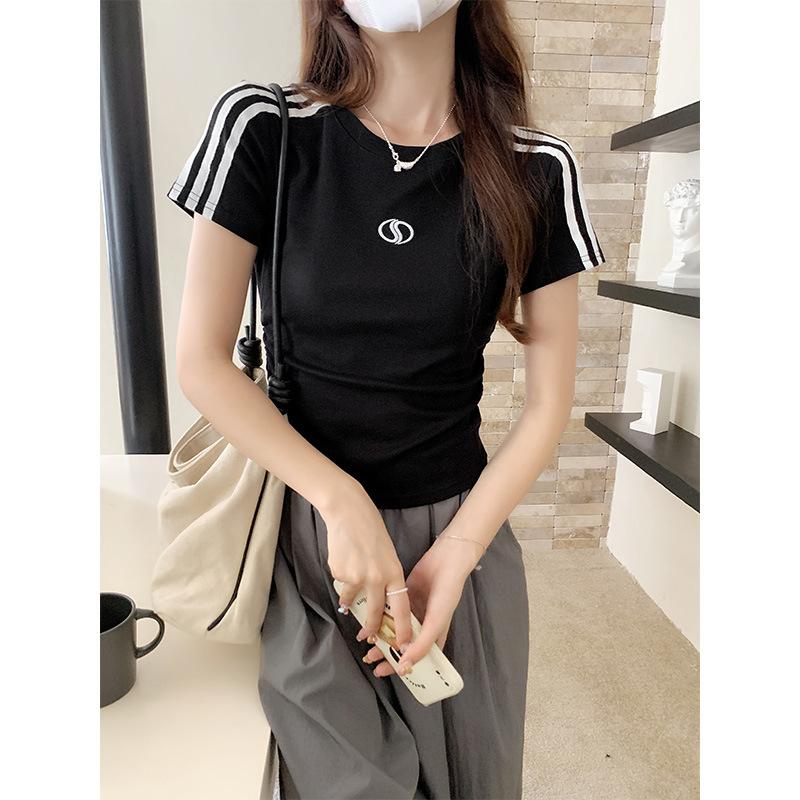 White three-bar embroidered design short-sleeved T-shirt for women's summer slim-fit round neck shoulder sleeves small short top