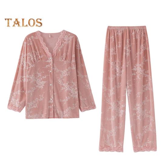 2 шт./комплект осень-зима женская пижама костюм кружевная отделка V-образный вырез принт — фото 3