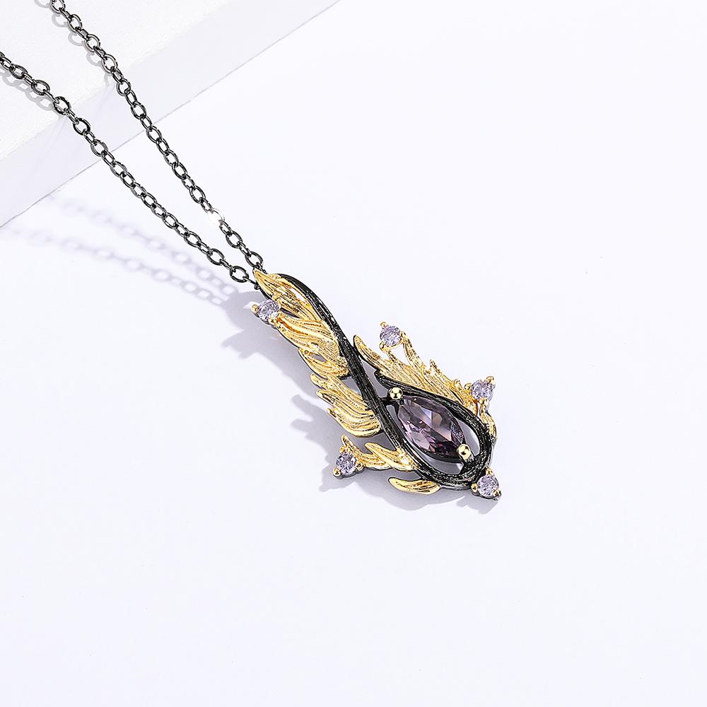 New Purple Water Drop Zircon Jewelry Feather Shaped Pendant Creative Party Black Gold Jewelry Women Necklace Anniversary Gift