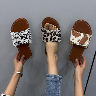 Women's Big Size Leopard Slippers Summer Round Head Velcro Flat Simple Leisure Outdoor Flat Sandal Slippers