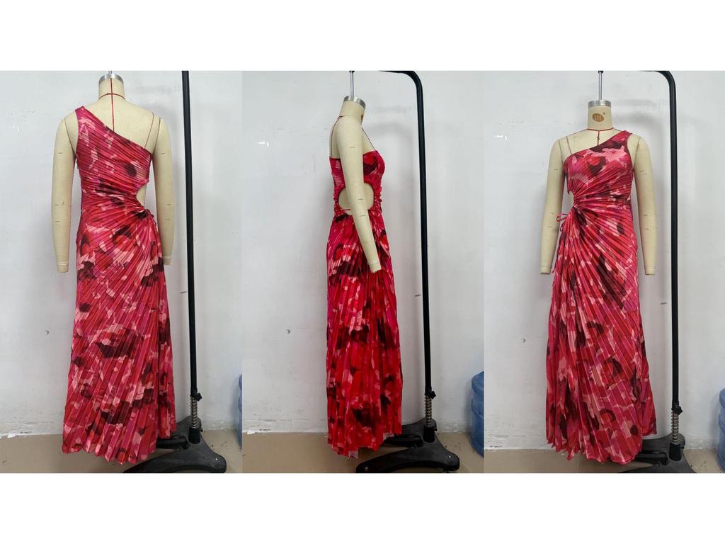 Elegant One-Shoulder Pleated Evening Dress with Waist Cutout - Spring/Summer Style