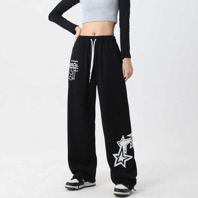 Pantalones de Chándal Oversize para Mujer Streetwear Hip Hop Nuevos Cintura Elástica con Cordón Estrellas Pierna Ancha Holgados Casuales Deportivos
