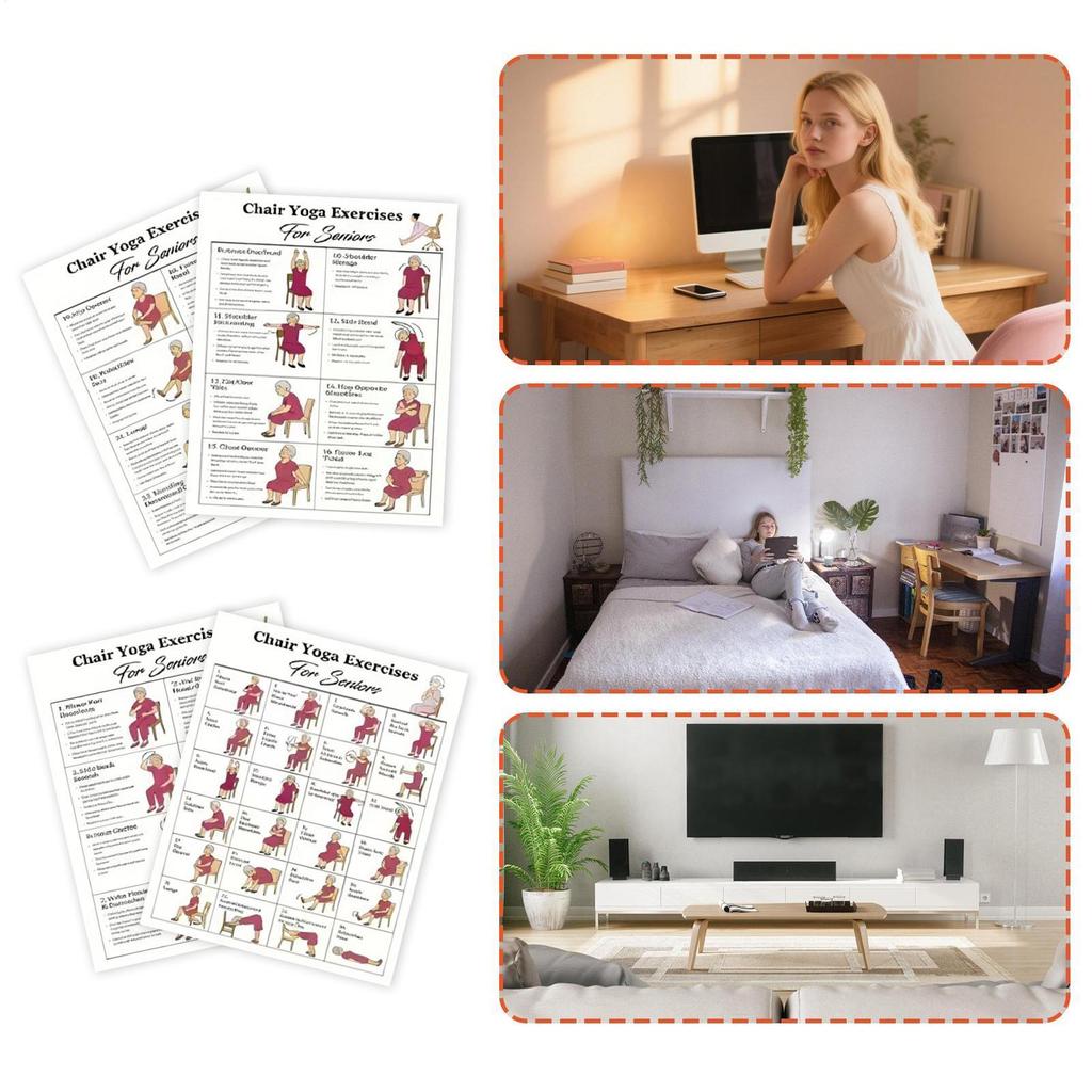 Chair Yoga Chart Illustrated Pose Cards 4 Pieces Yoga Seated Workout Poster For Seniors Beginners Fitness Flexibility Mobility