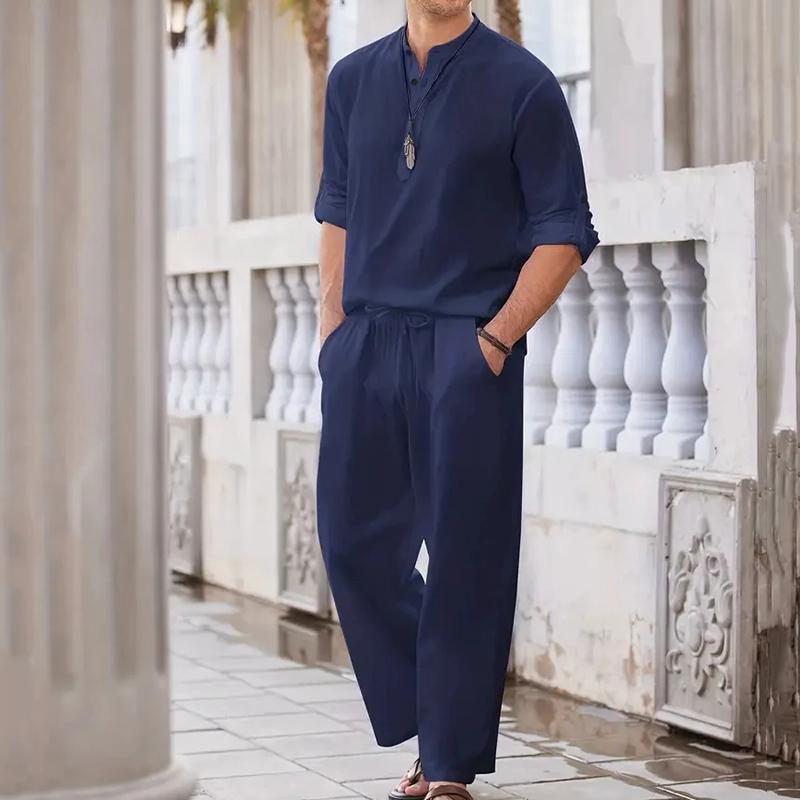 Směs bavlny a lnu Retro elegantní pánské dvoudílné ležérní ležérní výstřih do V Henry košile s dlouhým rukávem kalhoty se stahovací šňůrkou podzimní sada