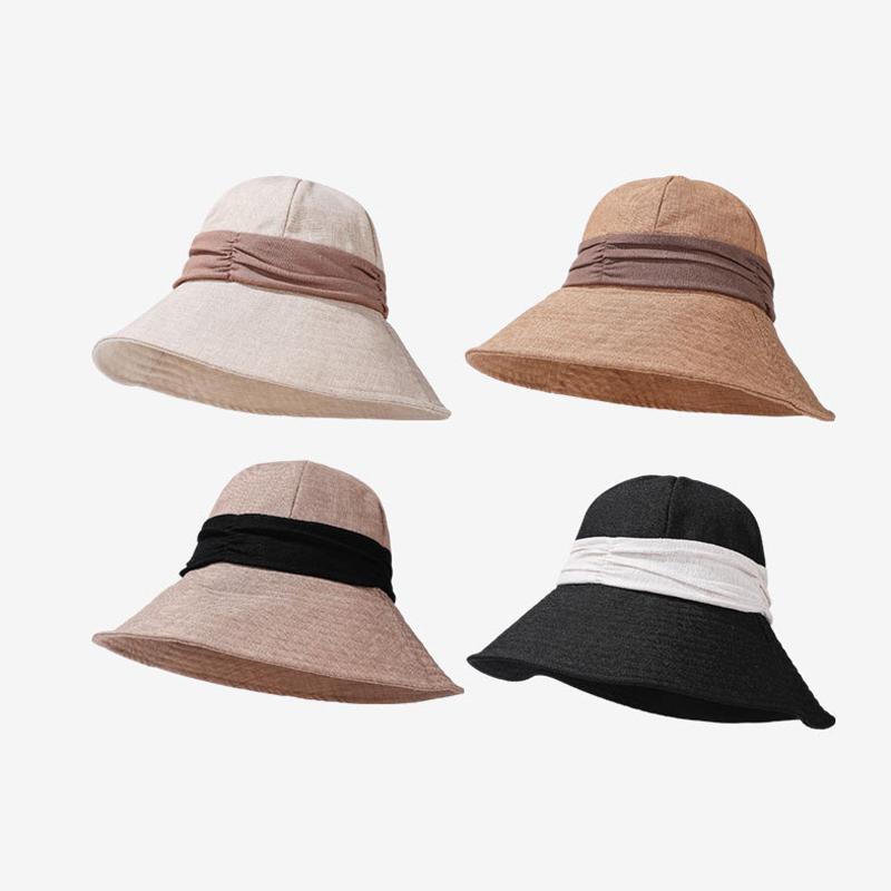 Cotton Linen Lightweight Breathable Fisherman Hat Women's Summer Color-Matching Pleated Sunshade Hat