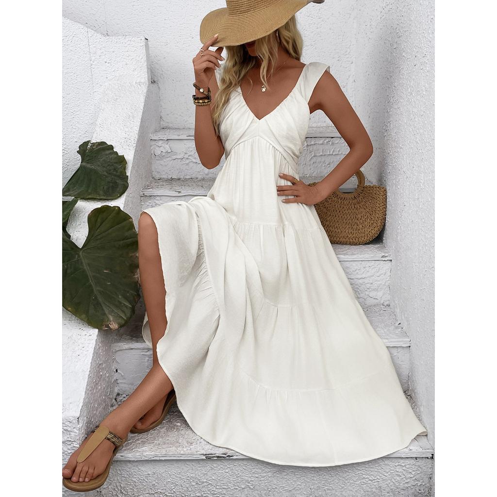 New Arrival Women's White Sleeveless V Neck Minimalist Dress Casual Beach Holiday Vacation Sundress Crossbody Apparel