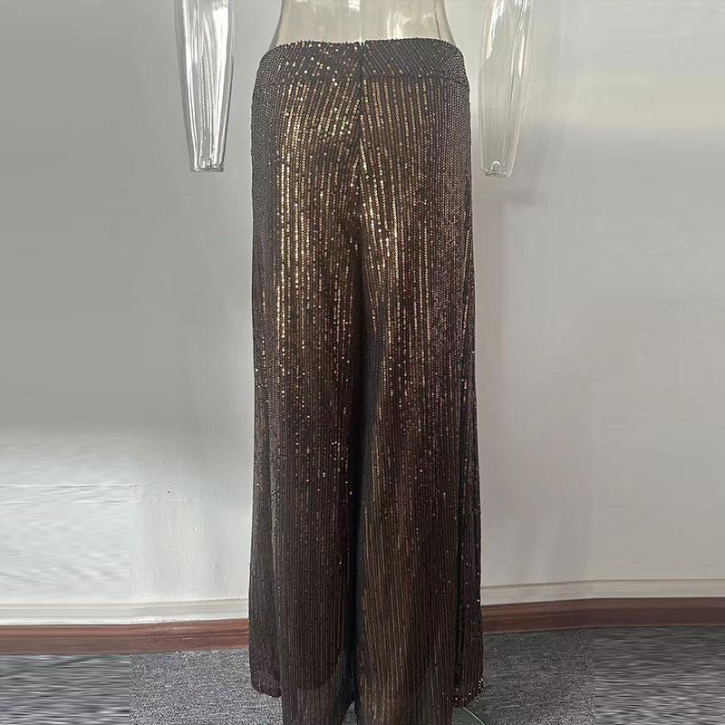 Elegant Shinny Sequin Long Pants Women Fashion High Waist Draped Loose Trousers Spring Autumn Casual Wide Leg Solid Color Party Pant