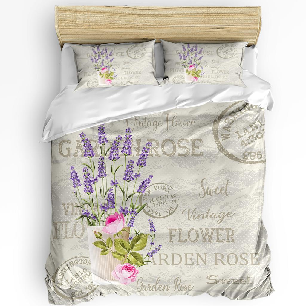 Blomma Lavendel Vattenkokare Vintage Vykort Trä Påslakan Med Örngott 3st Sängkläder Set Täcke Dubbelsäng Hemtextil
