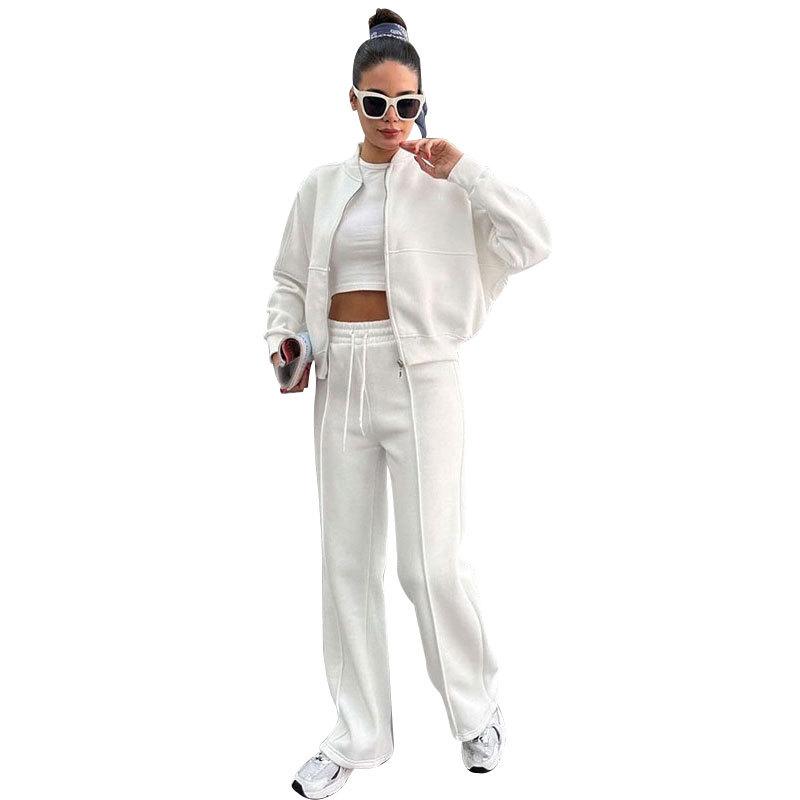 Autumn/Winter Women's Fleece-Lined Zipper Cardigan & Solid Color Straight-Leg Pants Set