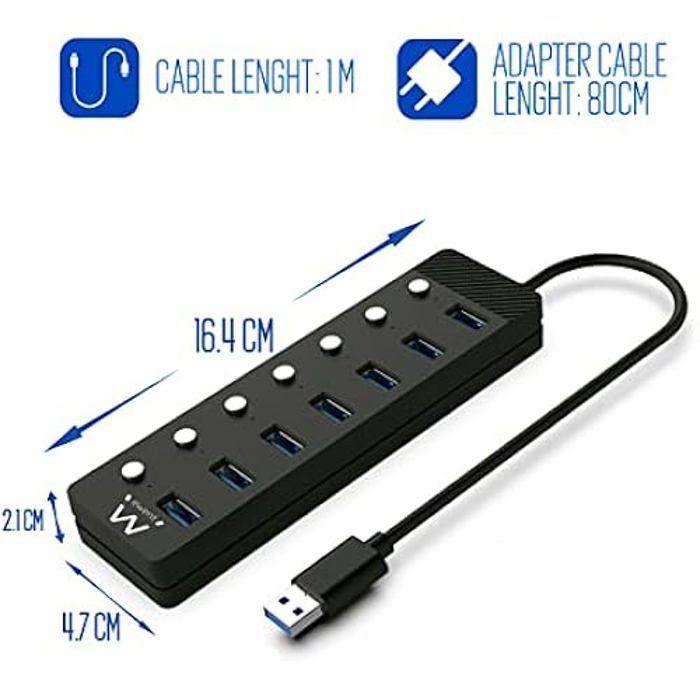 Hub USB Ewent EW1147 - 7 ports - commutateurs indépendants - adaptateur secteur - Noir