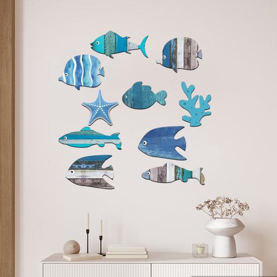 10 Pcs Summer Coastal Fish Wall Decor Vintage Farmhouse Ocean Fish Wall Art Nautical Beach Theme Hanging Decoration