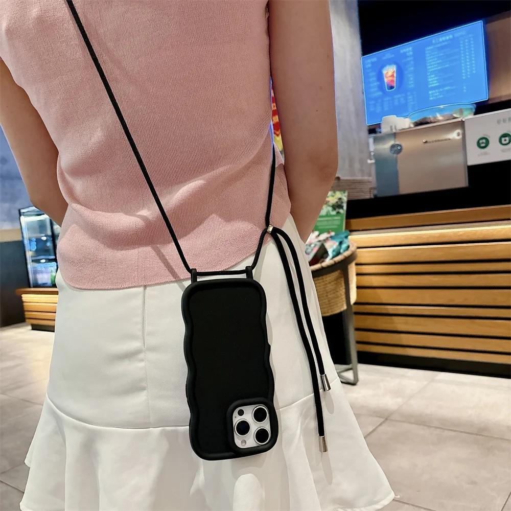Crossbody Adjustable Lanyard Phone Case for IPhone 16 Pro Max 15 14 13 Wave Edge Necklace Strap Rope Soft Silicone Cover
