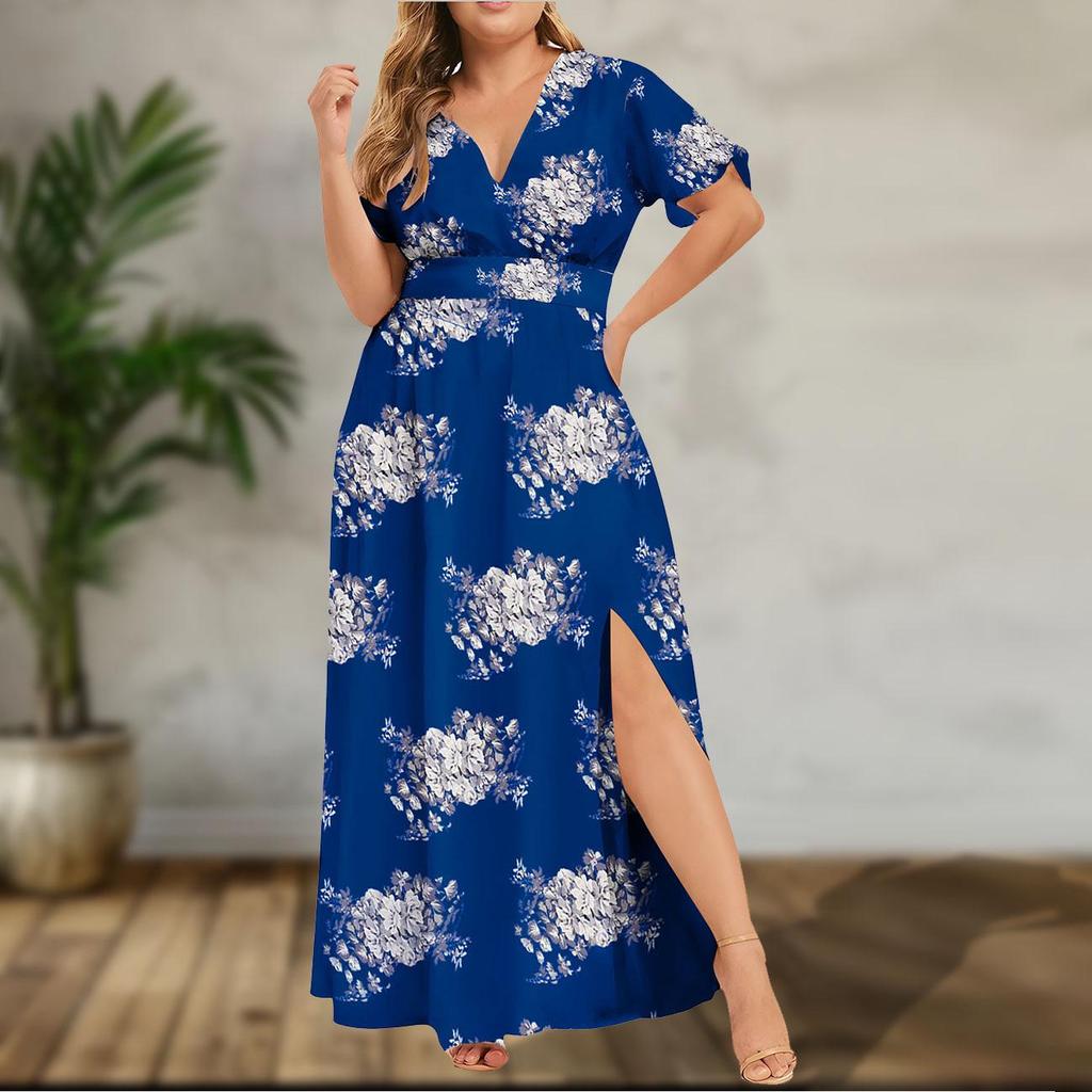 2024 Summer Women's Plus Size Printed Hem Split Dress - European & American Style
