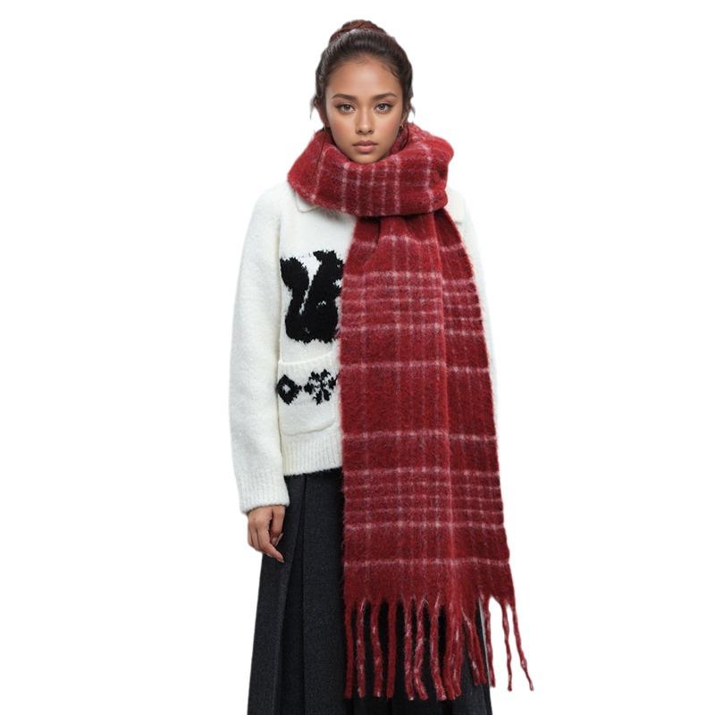 Plaid pattern with wool fringed scarf, high-end winter mohair warm scarf, men's and women's scarves