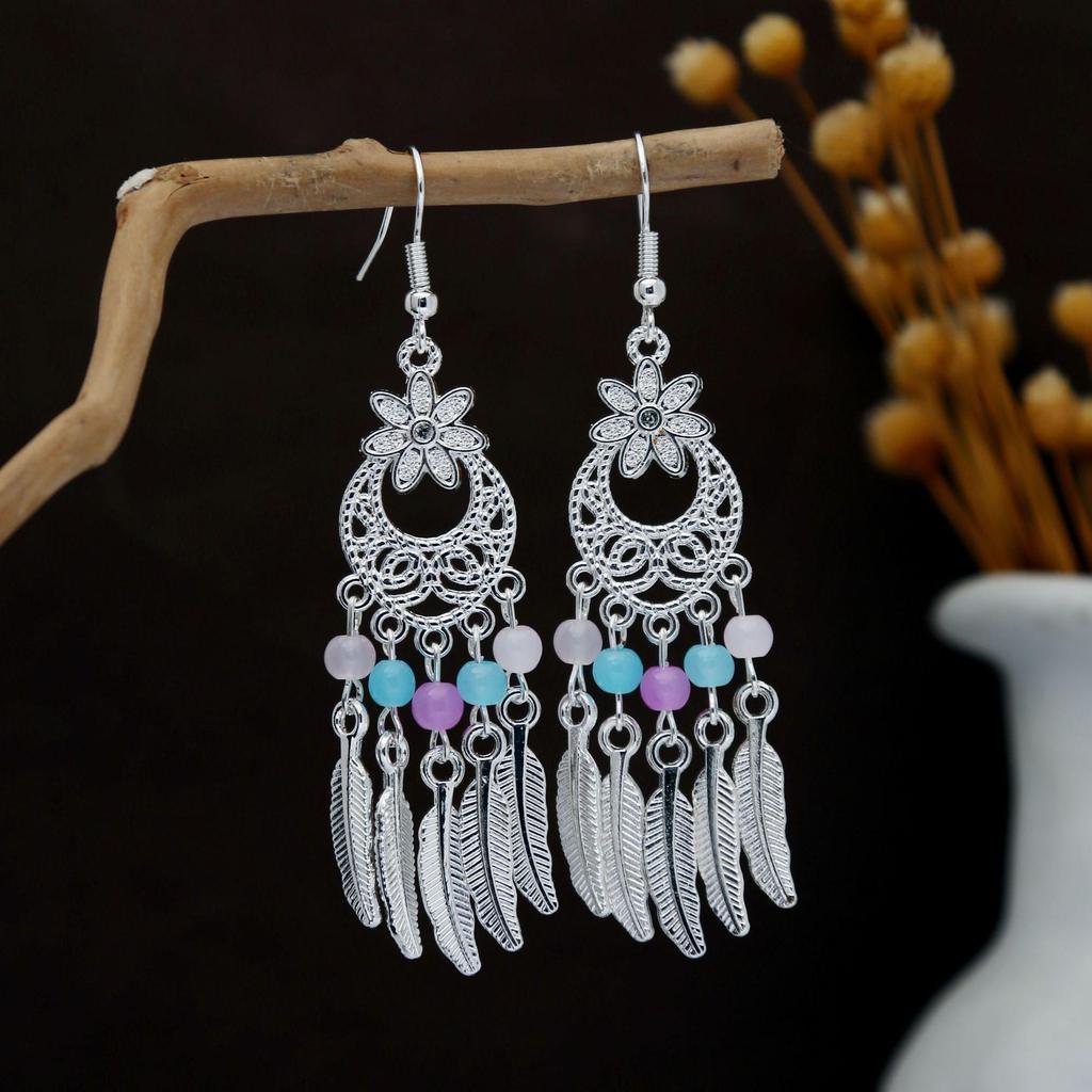 Personalized Bohemian Miao Silver Geometric Tassel Earrings