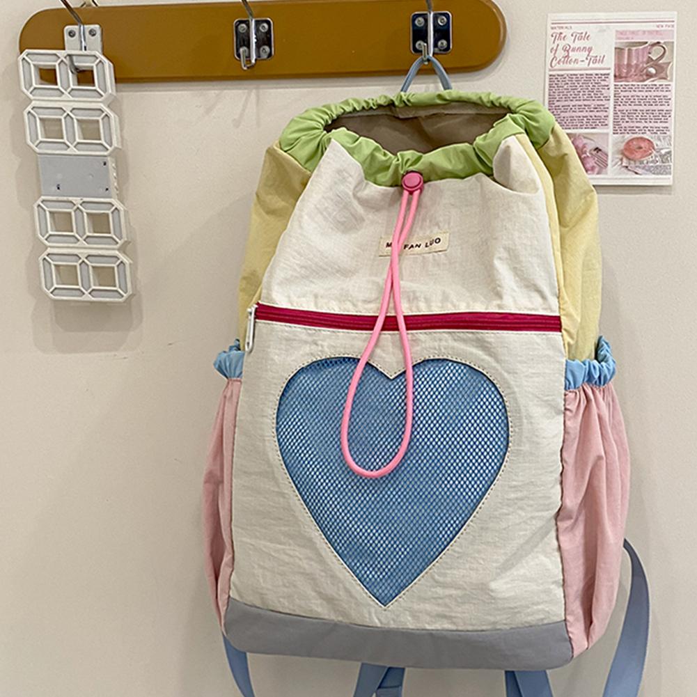 Women School Bookbag Girls Color-Block Large Capacity Backpack Nylon Drawstring Fashion Laptop Daypack Travel Cute Rucksack