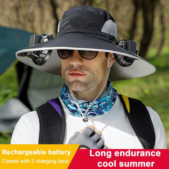 Sun Hat with Breathable Mesh Design Adjustable Cord Wide Brim Sun Protection Hat Dual Fan Design Fishing Hiking Hat