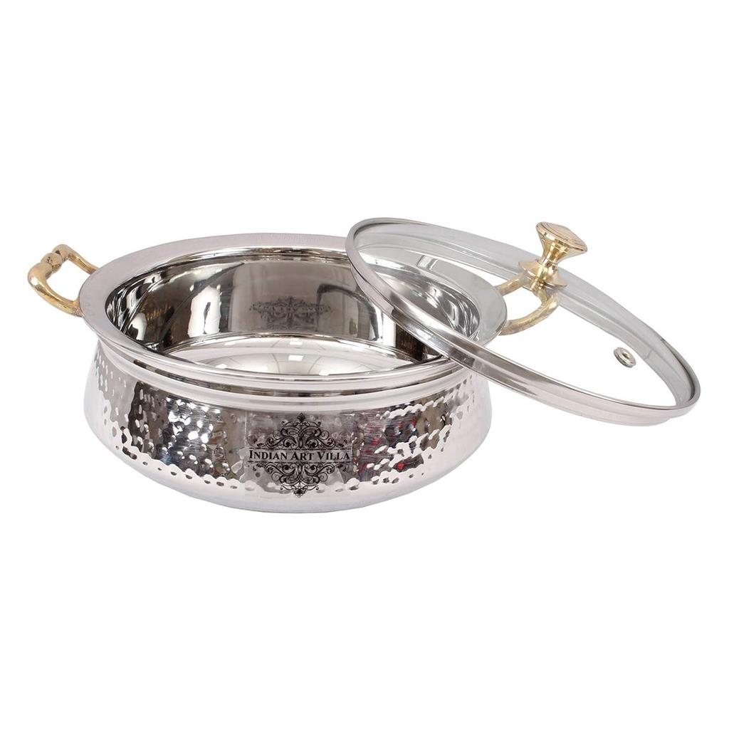 Stainless Steel Hammered Design Handi/Bowl/Casserole with Toughened Glass Lid & Brass Knob & Handles, Volume-400 ml, 1 Piece