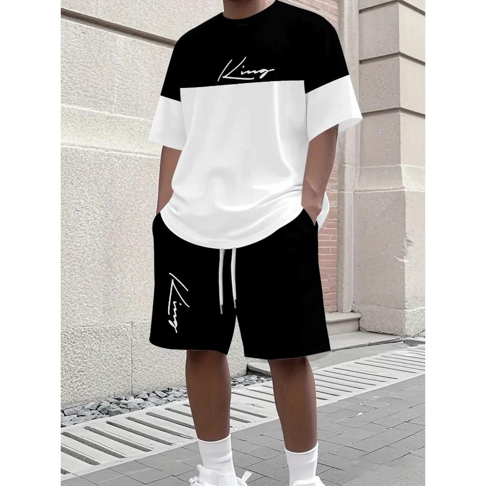 Men s fashionable casual sports trend outdoor round neck short sleeved set S