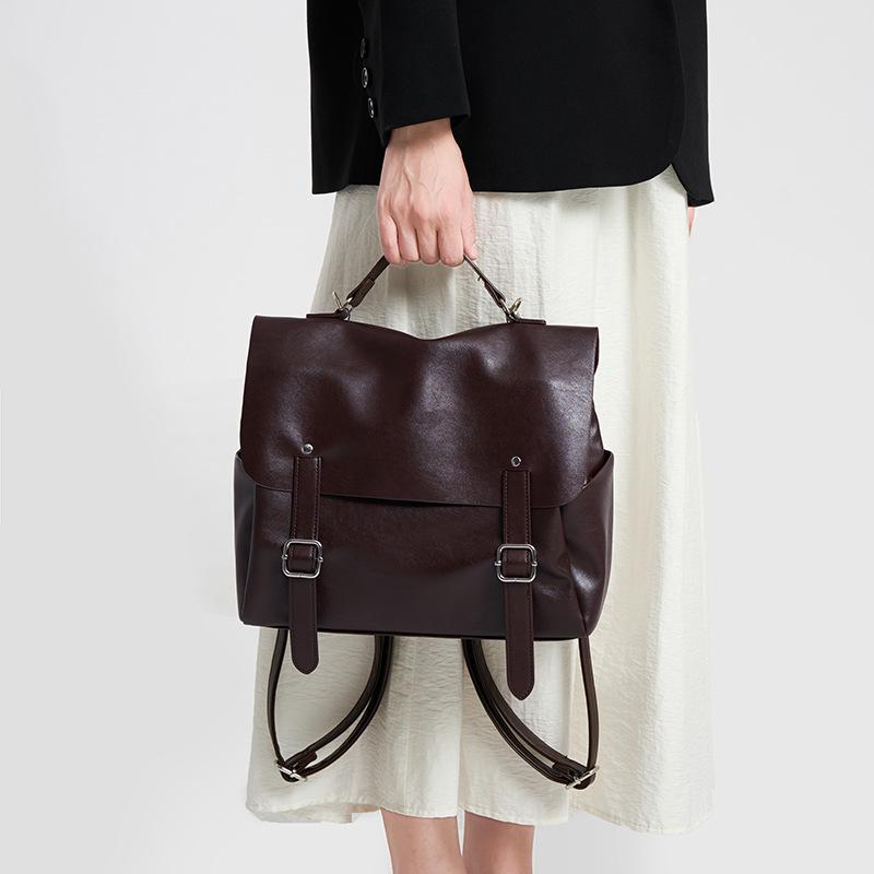 SHELKSBAG Preppy School Style Backpack Womens Shoulder Bags Vintage Quality Soft Leather Handbag for Women Casual Travel Daily