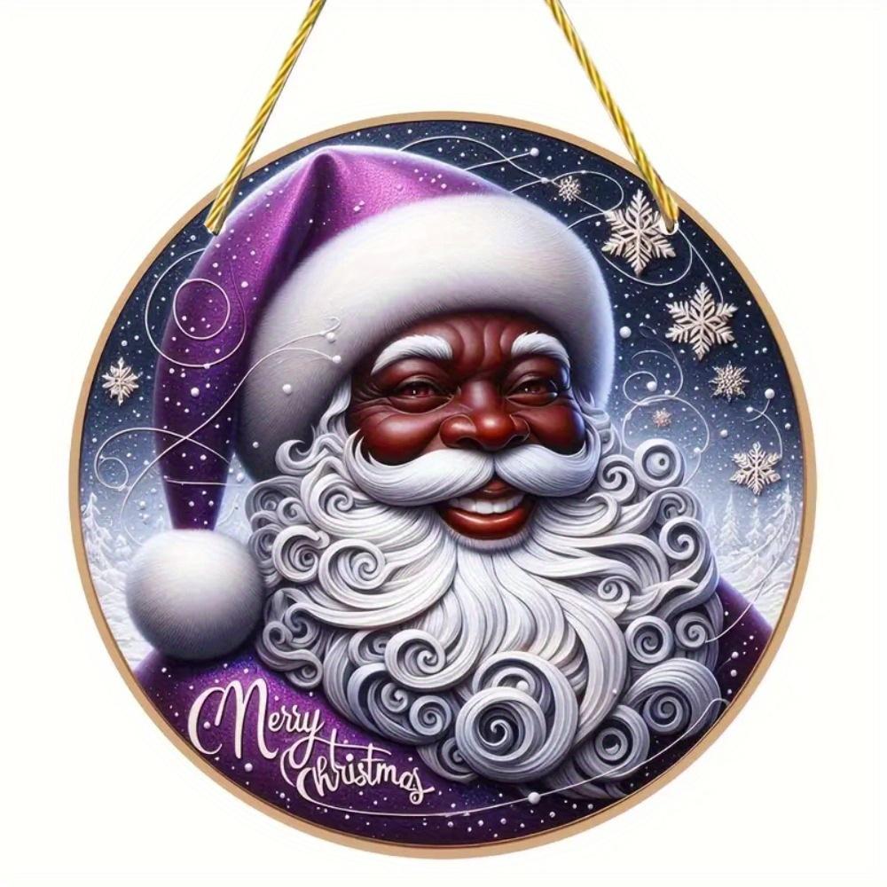 1 elegant purple black Santa Claus circular plaque, Merry Christmas home, door and room wall decoration, perfect holiday gift